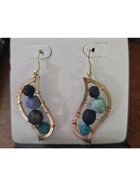 Handmade Boho Dangle Earrings Gold Tone Wire Wrapped Leaf Frame with Fabric Ball